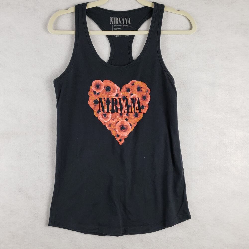 Nirvana Women's M‎ Poppy Hearts Graphic Tank Top Black Racerback 90s Grunge Band